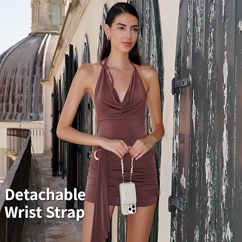 Miniatura 5 de LAMEEKU Funda tipo cartera cruzada para iPhone 15 Pro, funda con soporte para tarjetas, funda acolchada de cuero con cremallera y ranuras para