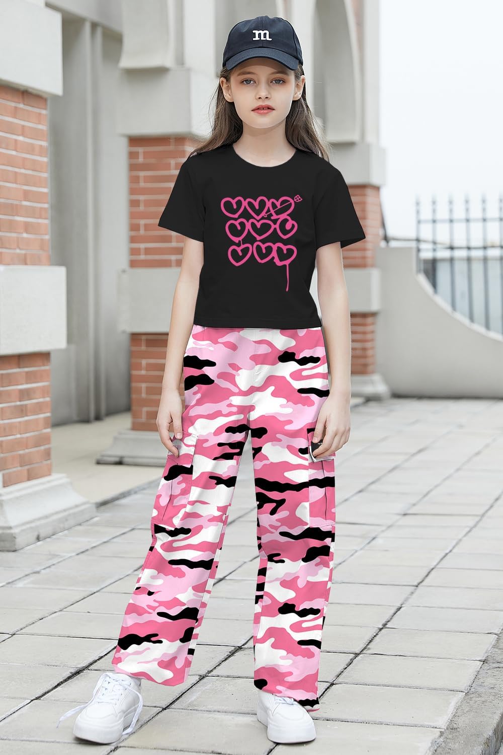 Betusline Cute Clothes for Teen Girls, Basic Black short sleeved shirt and pink camouflage work pants with adjustable high waisted pockets, 9-10 Years = Tag 150
