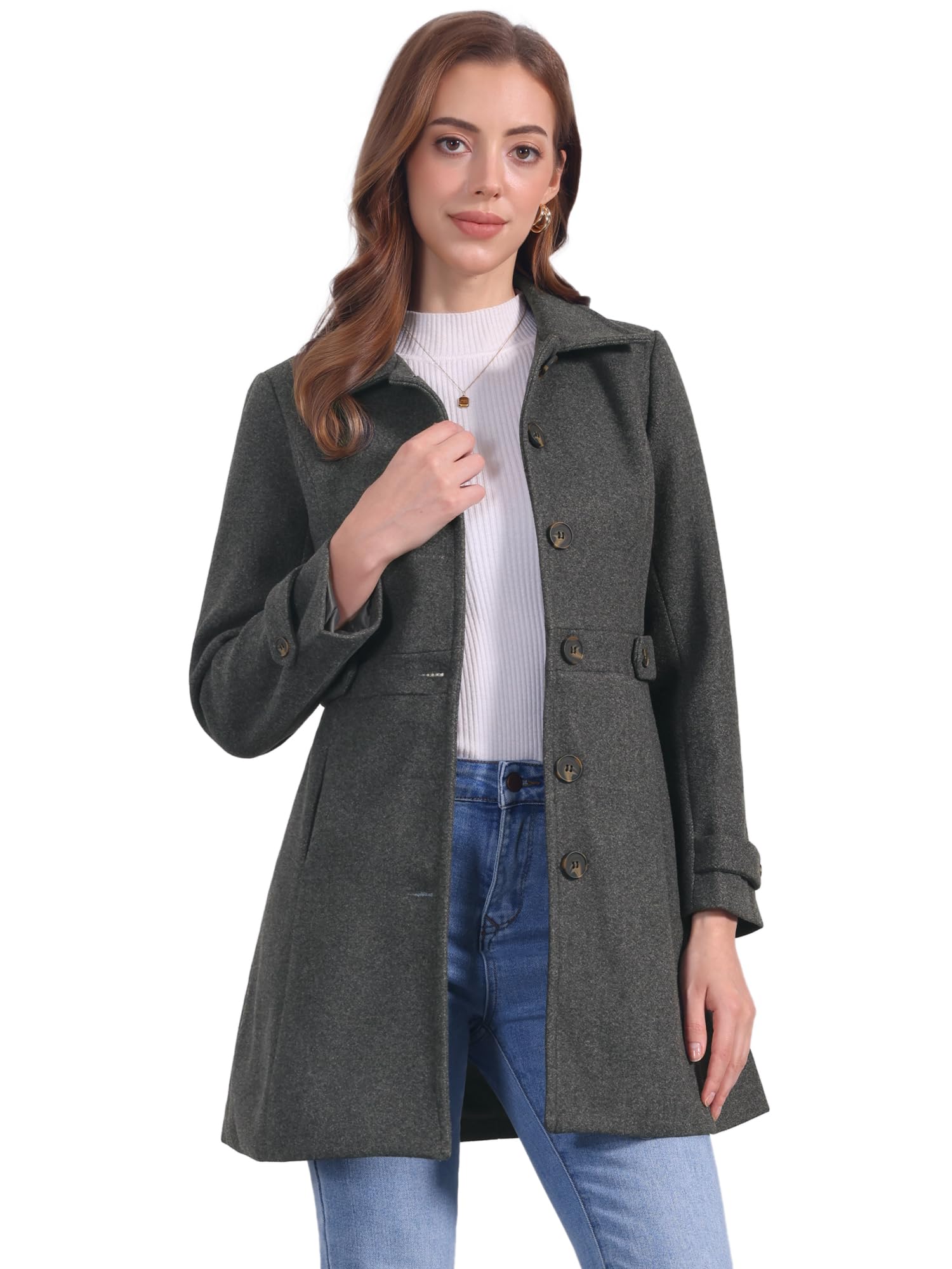 Allegra K Women's Winter Classic Outwear Overcoat with Pockets Single Breasted Pea Coat, Dark Grey, S