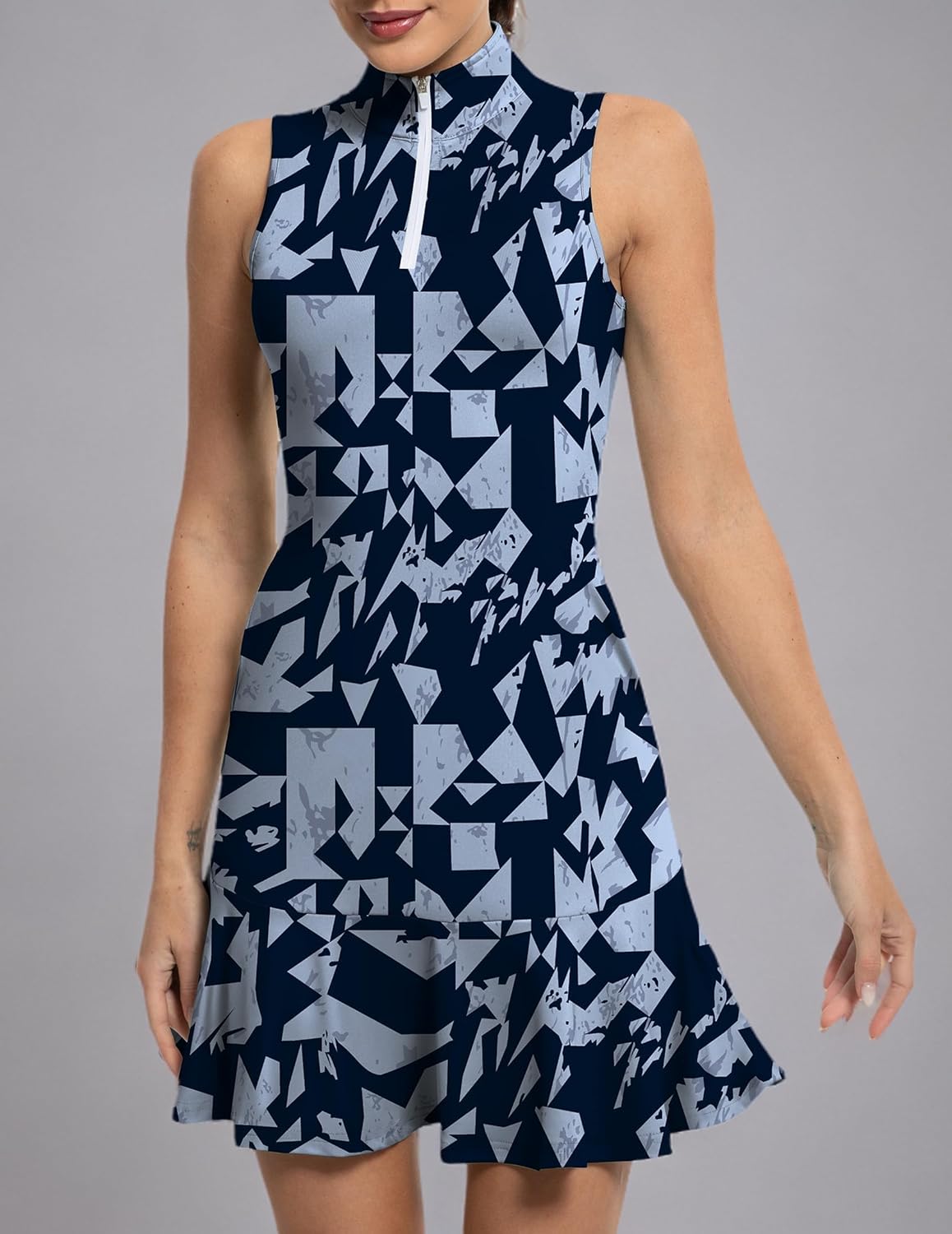 Tennis Dress for Women Golf Dresses with Shorts Inner Pocket Sleeveless Zip Up Stand Collar Workout Athletic Dresses - Image 7