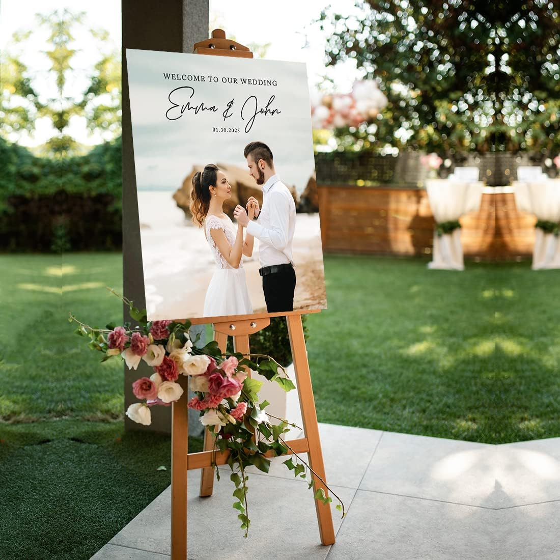 Andaz Press Personalized Welcome To Our Wedding Sign, Classic Rustic 16" x 20" Custom Photo Canvas Wedding Welcome Sign for Reception, Ceremony, Easel Stand