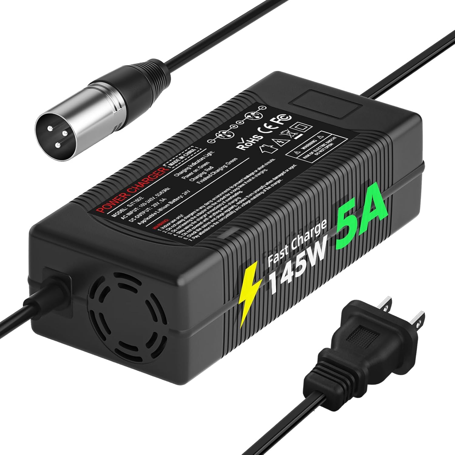 24V 5A Fast Battery Charger (3-Pin XLR) for Electric Scooter, Wheelchairs,Go-Go Elite Traveller,Jazzy Power Chair, Pride Mobility, Shoprider, iZip, eZip,Drive Medical, Bladez, Elite Traveller