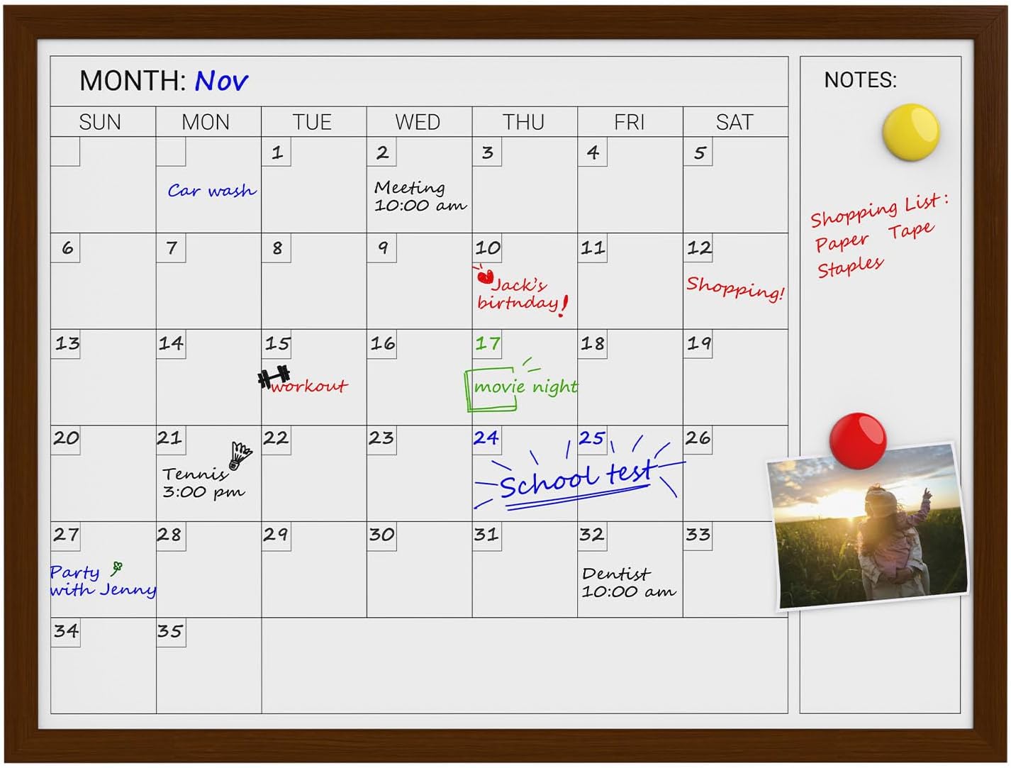 Comix Dry Erase Calendar Whiteboard for Wall, Magnetic Dry Erase White Board with Brown Wood Frame, 24 * 18 inches Decorative Planner Board for Office, Kitchen, School, Home