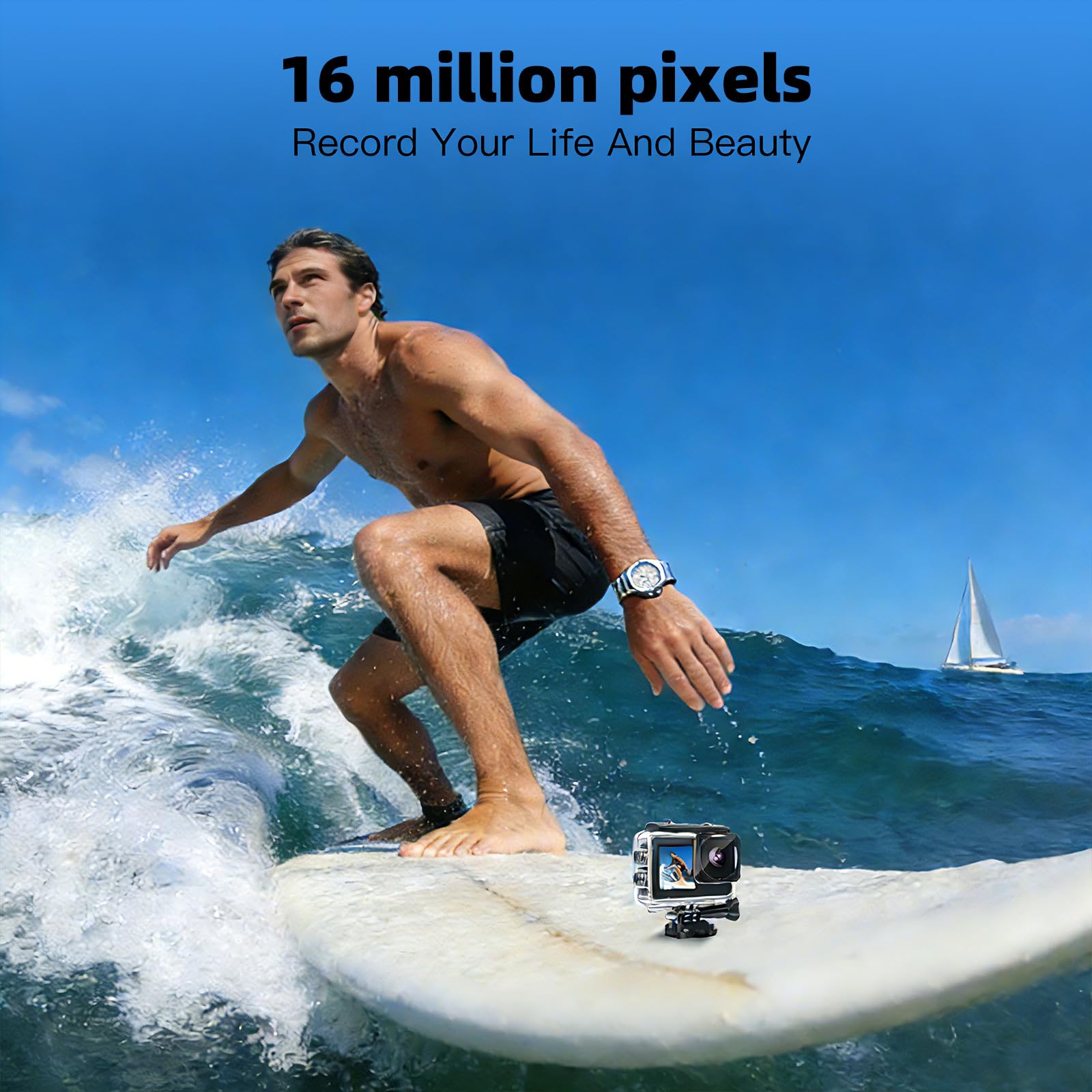 Cámara Deportiva 1080P FHD 16MP, Cámara Acuática con Doble Pantalla de 2" y 1.3", Sumergible 40M para Vlogging y Buceo, Incluye Tarjeta SD 32GB, 2 Baterías de 1050mAh y Accesorios（Negro）