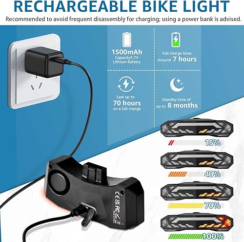 Miniatura 5 de Turn Signals for Ebike, Bike Turn Signals, Bike Blinkers Front and Back, Bike Tail Light USB Rechargeable with Horn, IP65 Waterproof Anti-Theft