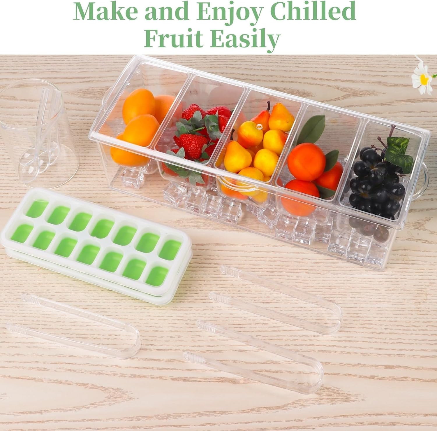 with 5 Spoons 3 Ice Tongs, 11 Pieces Chilled Condiment Server Set, 2 Ice Cube Silicone Trays, Condiment Fruit Tray Case, Lid Organizer