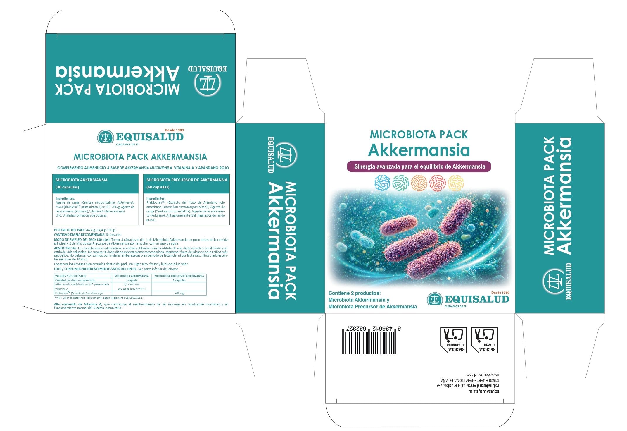 Equisalud Pack Microbiota Akkermansia | Akkermansia muciniphila MucT® Pasteurizada + Precursor de Akkermansia con Arándano Rojo | Vitamina A | Programa Completo 30 Días | 90 Cápsulas