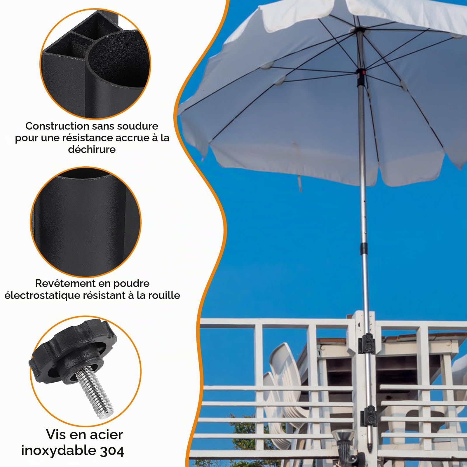 efuturetime 2 x Support Parasol Balcon pour Mât de 33 à 50 mm avec 8 Vis | Porte Parasol Fixation Balustrade pour Terrasse, Jardin et Bar