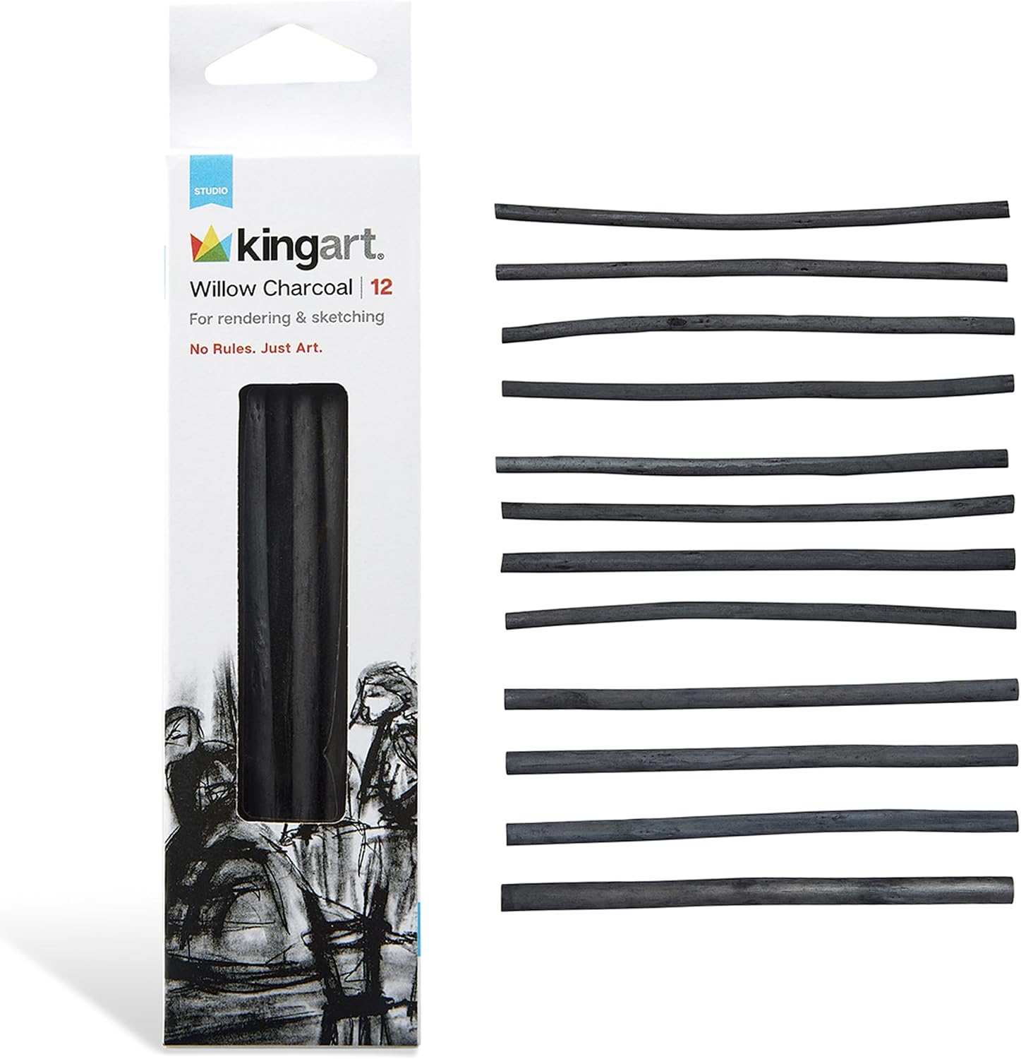 KINGART 12-Piece Willow Charcoal Sticks, Soft, Black Artist Vine Charcoal for Artists, Beginners, Students, Great for Sketching, Rendering, Drawing, Shading and Fine Art