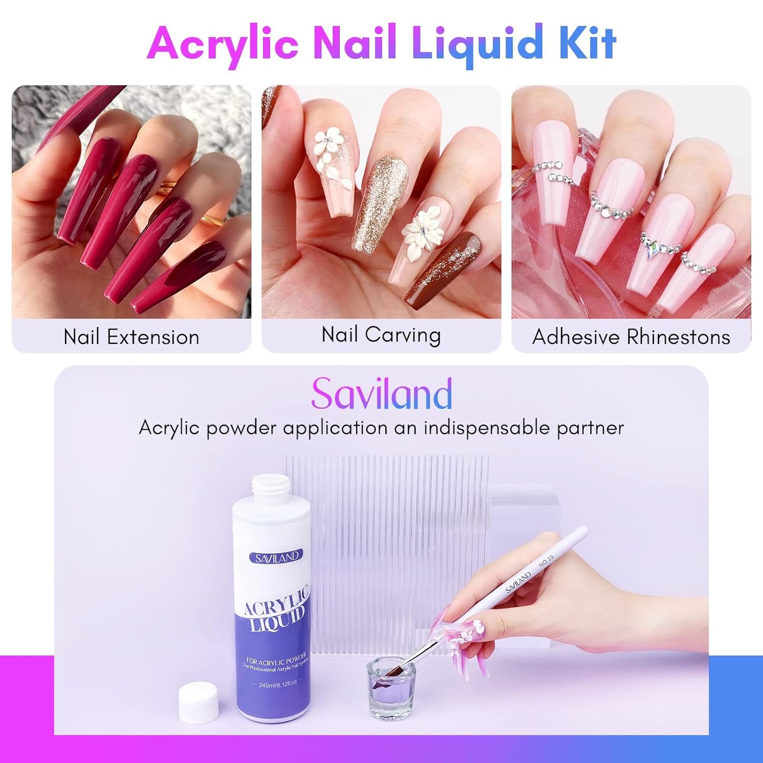 Saviland Monomer Acrylic Nail Liquid – 8.11fl.oz Acrylic Liquid with 3PCS Acrylic Brushes Size SAVILAND Nail Holder for Painting Nails : 3 Set Strong Magnet Nail Stand Acrylic Nail Art Display Stand