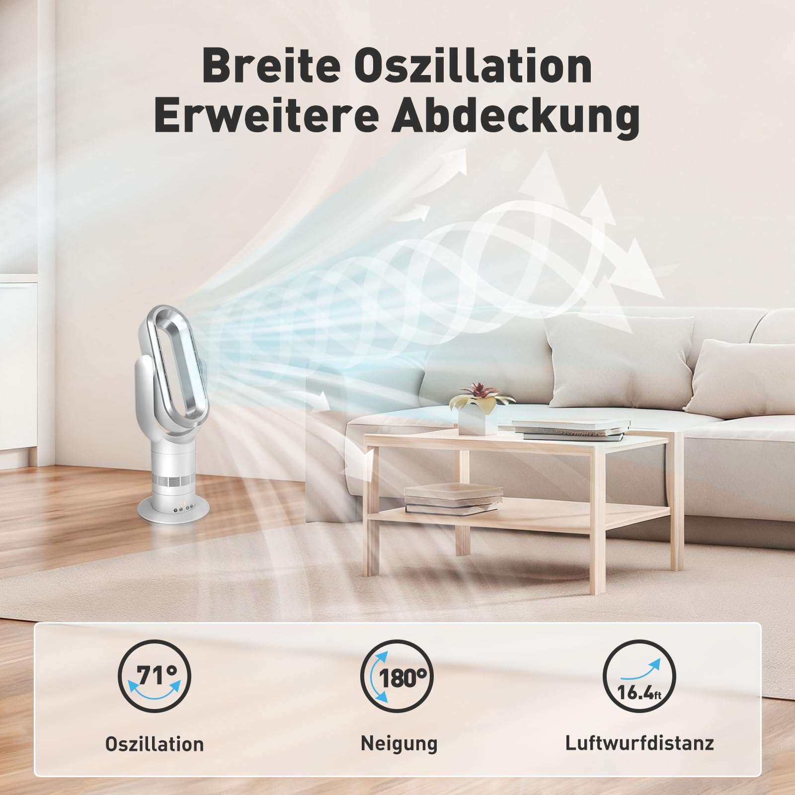 QG660 Bladeless Turmventilator, 2-in-1 Heizgerät & Kühlventilator, 10 Kühl- & 3 Heizstufen, Fernbedienung & Touch-Steuerung, Ultra-Leiser & Energiesparender DC-Motor