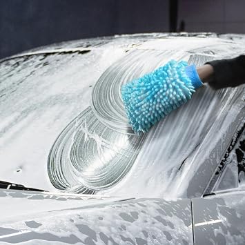 com-four 3 x Wash Mitt for Car and Household – Microfibre Glove – Chenille Glove – Cleaning Glove for Car Care Car Wash and Window Cleaning (3-Piece – Blue/Pink/Neon Green)