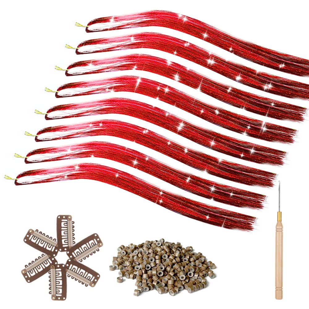 Red Hair Tinsel Kit, COLOR SHE Tinsel Hair Extensions with 8 Packs 48inch 1600 Stands Glitter Sparkle Colorful Shiny Tensile, Cute clawclips Tools Beads Prefect for Kids Girls Women Hair Accessories Set (red)