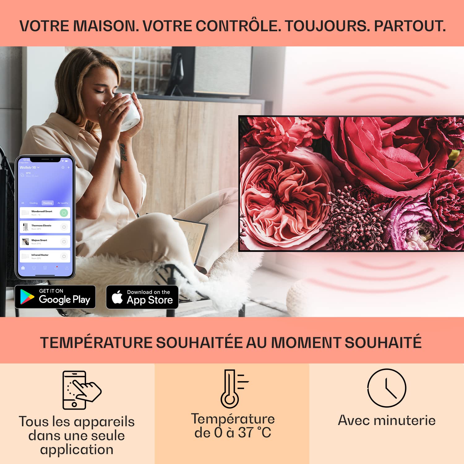 Klarstein Air Art Smart Chauffage Infrarouge, 700W Radiateur Electrique pour Maison, Contrôle via l'Application IoT/WiFi, Détection de Fenêtre Ouverte, Chauffage Mural, Thermostat, Econome, Sans CO2
