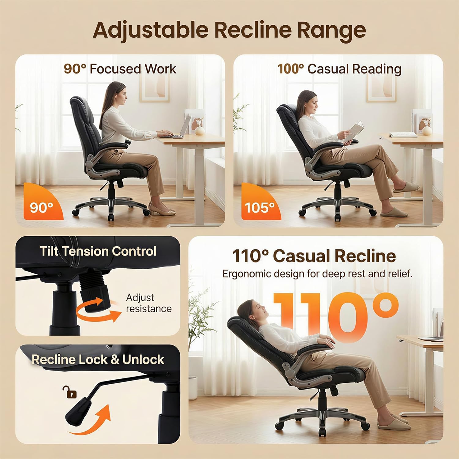 COLAMY Ergonomic Executive Office Chair, High Back Desk Chair with Adjustable Lumbar Support, Flip-Up Armrests & Thick Seat Cushion, 90°–110° Reclining Computer Chair for Home Office