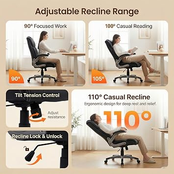 COLAMY Ergonomic Executive Office Chair, High Back Desk Chair with Adjustable Lumbar Support, Flip-Up Armrests & Thick Seat Cushion, 90110 Reclining Computer Chair for Home Office