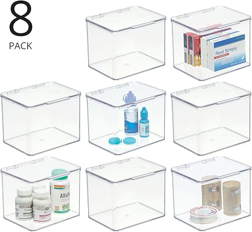 Miniatura 2 de mDesign Caja organizadora de almacenamiento de baño de plástico con tapa de bisagra para armario, estante, armario o tocador, sostiene medicamentos,