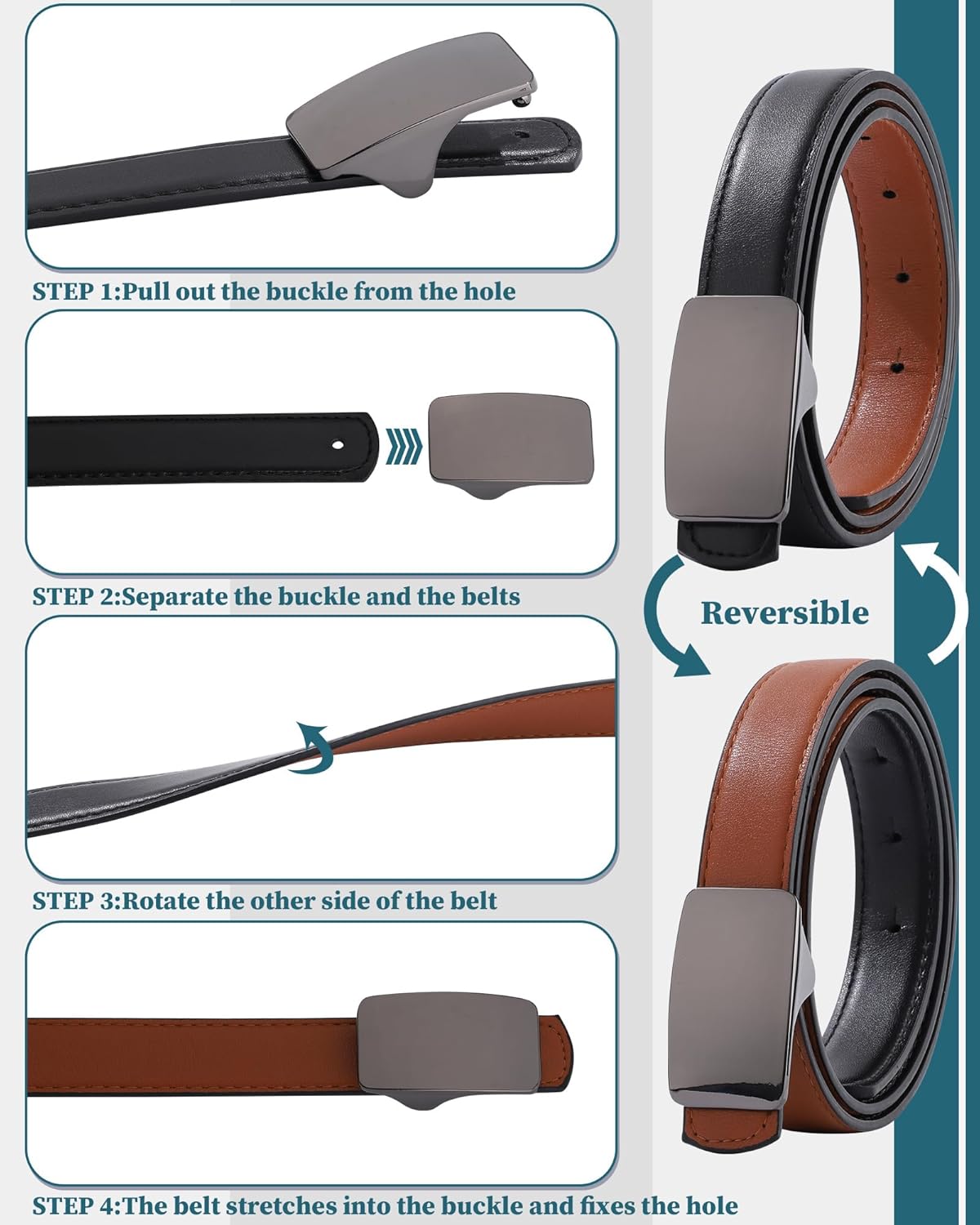 AWAYTR Boys Reversible Belt for Kids - Black and Brown PU Leather Dress Belts for School Uniform Jeans - Image 2