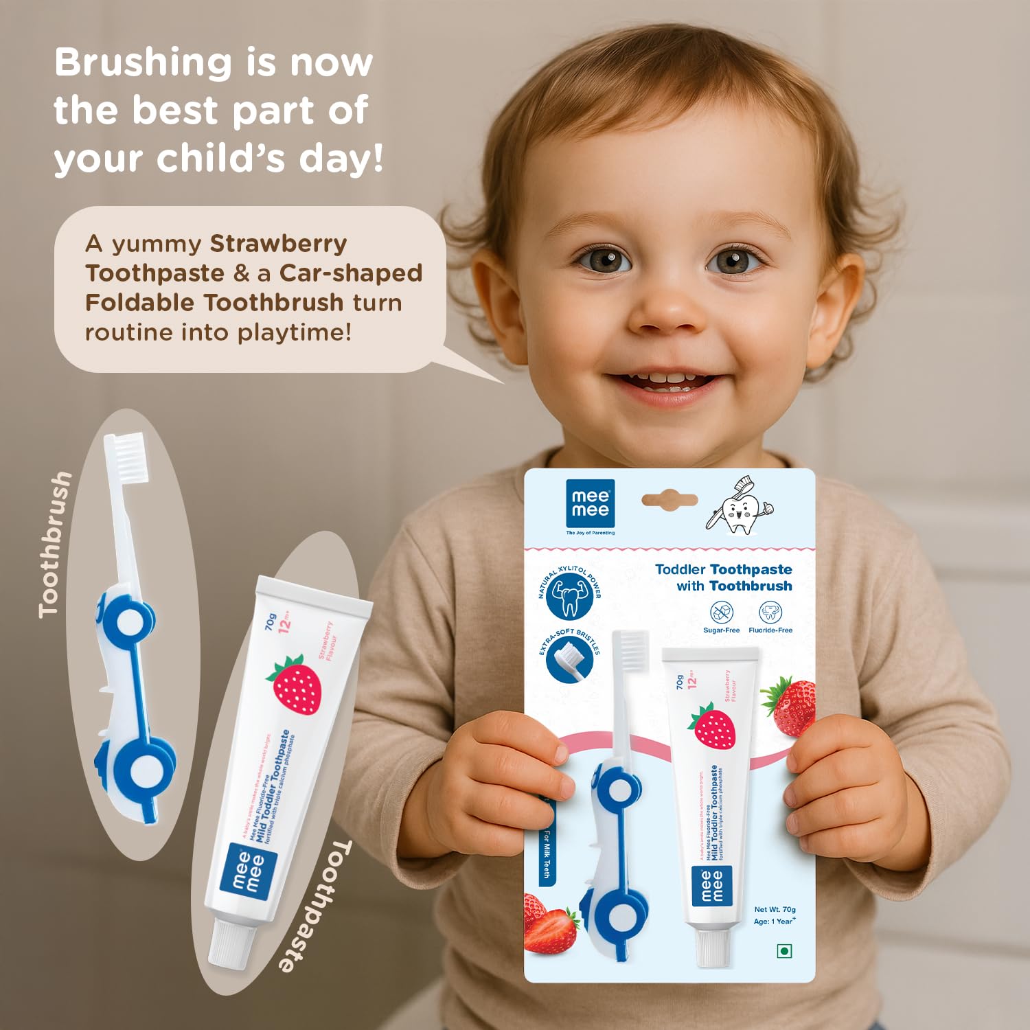 Mee Mee Kids Toothbrush & Toothpaste Combo | For Babies & Toddlers (6 Months–3 Years) | Fluoride-Free, Safe to Swallow, Strawberry Flavour, Soft Bristles, Foldable Car-Shaped Brush (Blue) 1