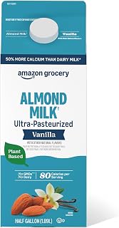 Amazon Fresh Vanilla Almond Milk Half Gallon 64 Fl Oz - Creamy Plant-Based Dairy Alternative