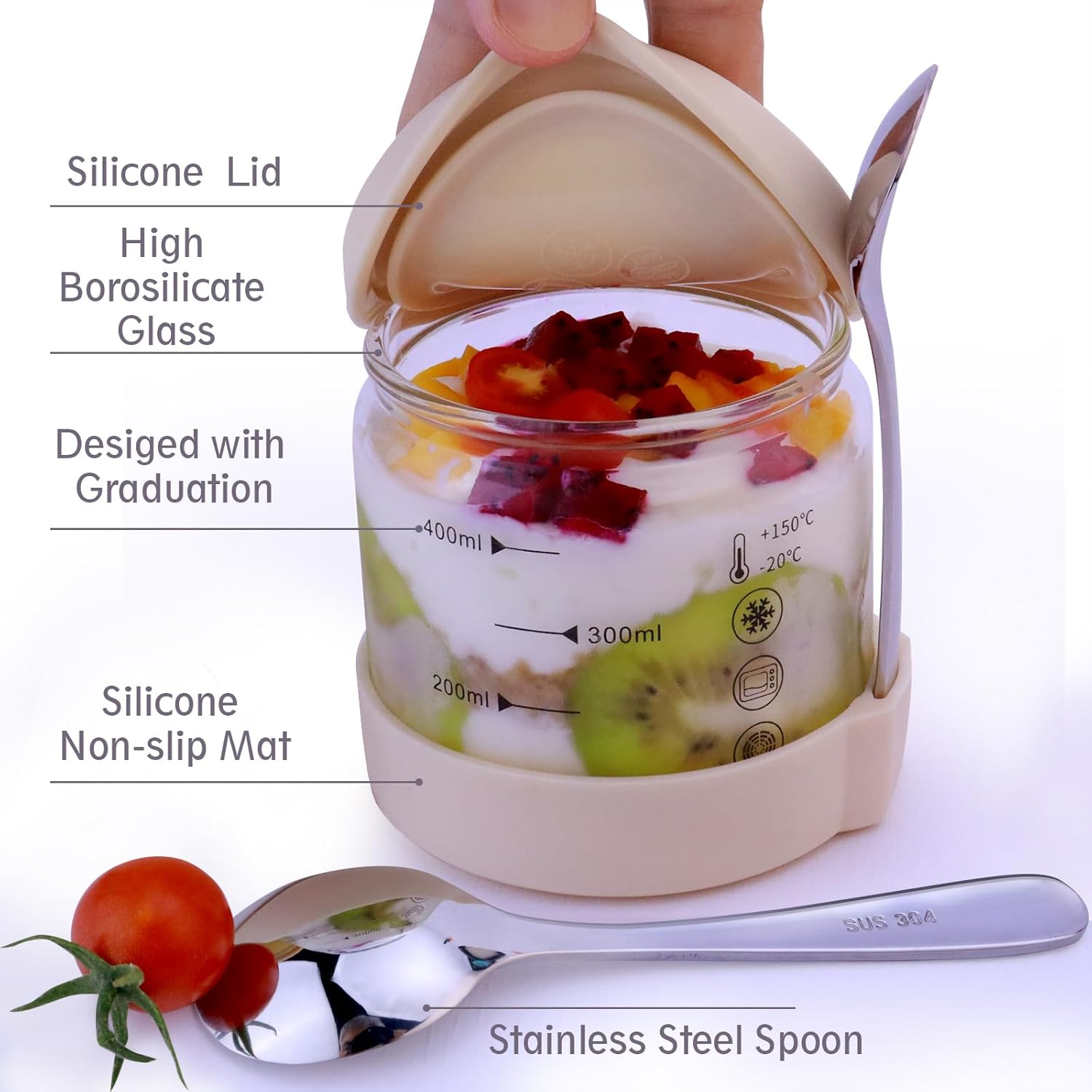 16 oz Round Breakfast Glass Cup with Silicone Seal Cover and Spoon, Glass Dessert Cup with Lid for Breakfast Cereal, Overnight Oats, Yogurt, Holiday Gift, Dishwasher Microwave Safe - Image 5