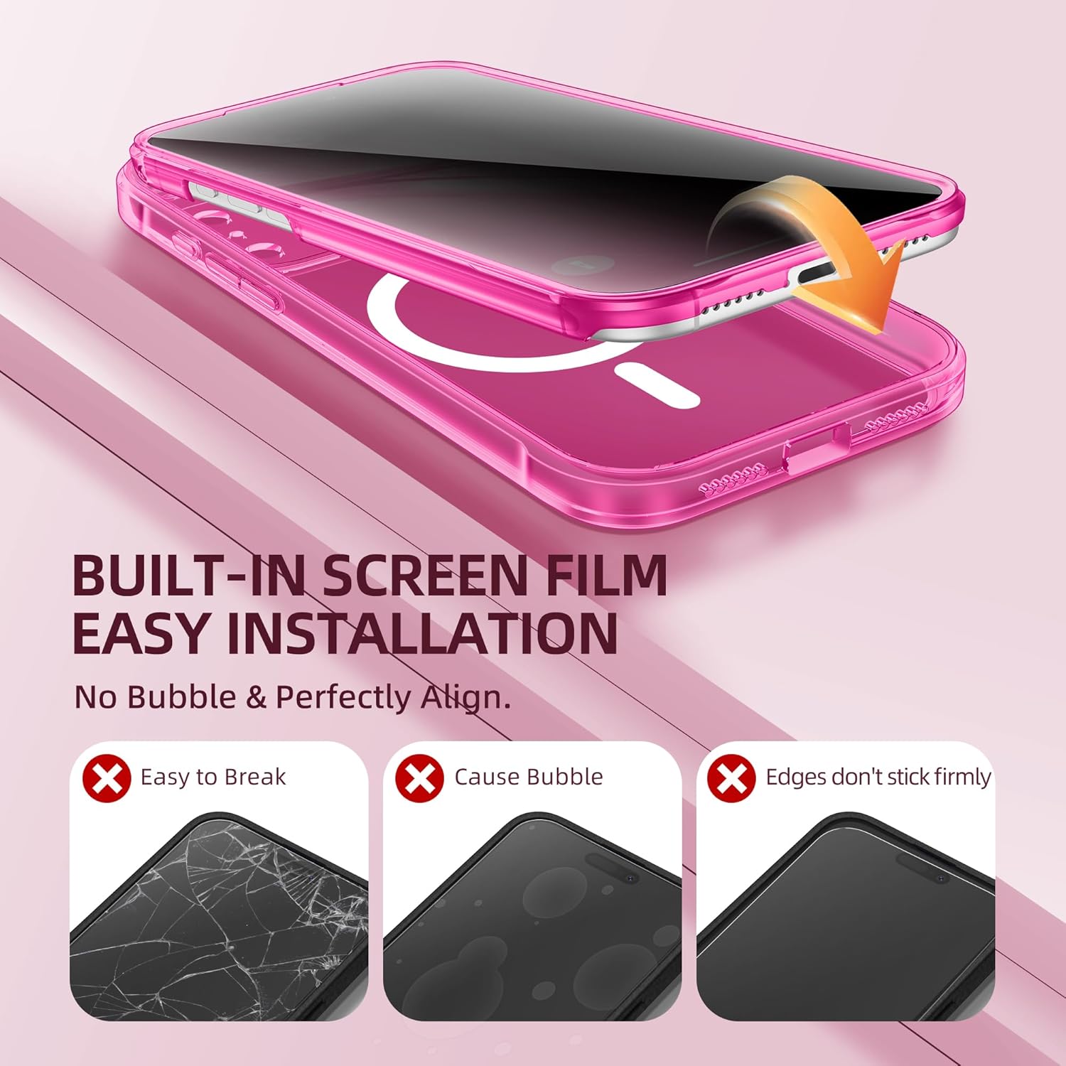 BERFY for iPhone 17 Pro Max Case, Compatible with MagSafe, Built-in Privacy Screen Protector and Camera Protection, Anti-Spy Full Body Shockproof Clear Phone Case for 17 Pro Max 6.9", Bright Pink - Image 5