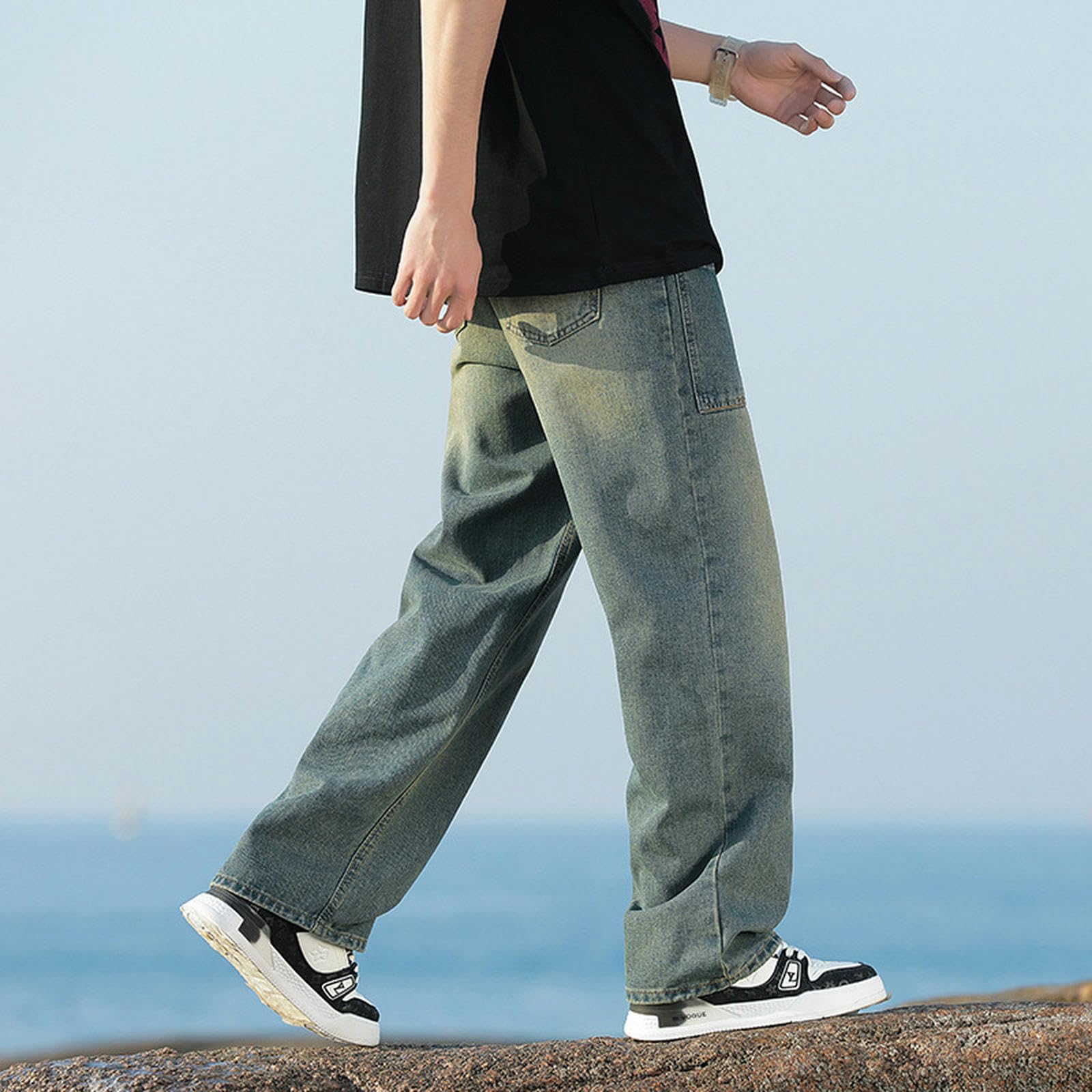 Jeans Blu Tutto-fiammifero Dritto Estivo Largo Casual Non Elastico Pantaloni Larghi giovanili Uomo-Blu-M