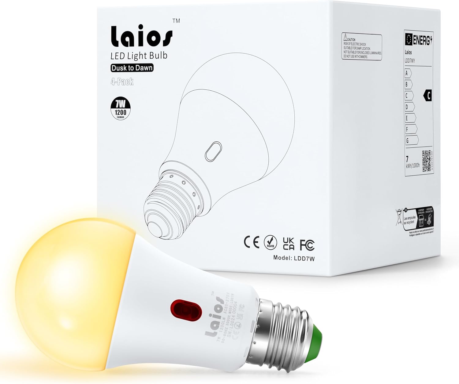 Laios Dusk to Dawn Sensor E26 Light Bulb, 7W LED Outdoor Photocell Lighting Bulb, 1200lm Equivalent 60W, Soft White(2700K), Auto ON/Off with Light Sensor, Pack of 4