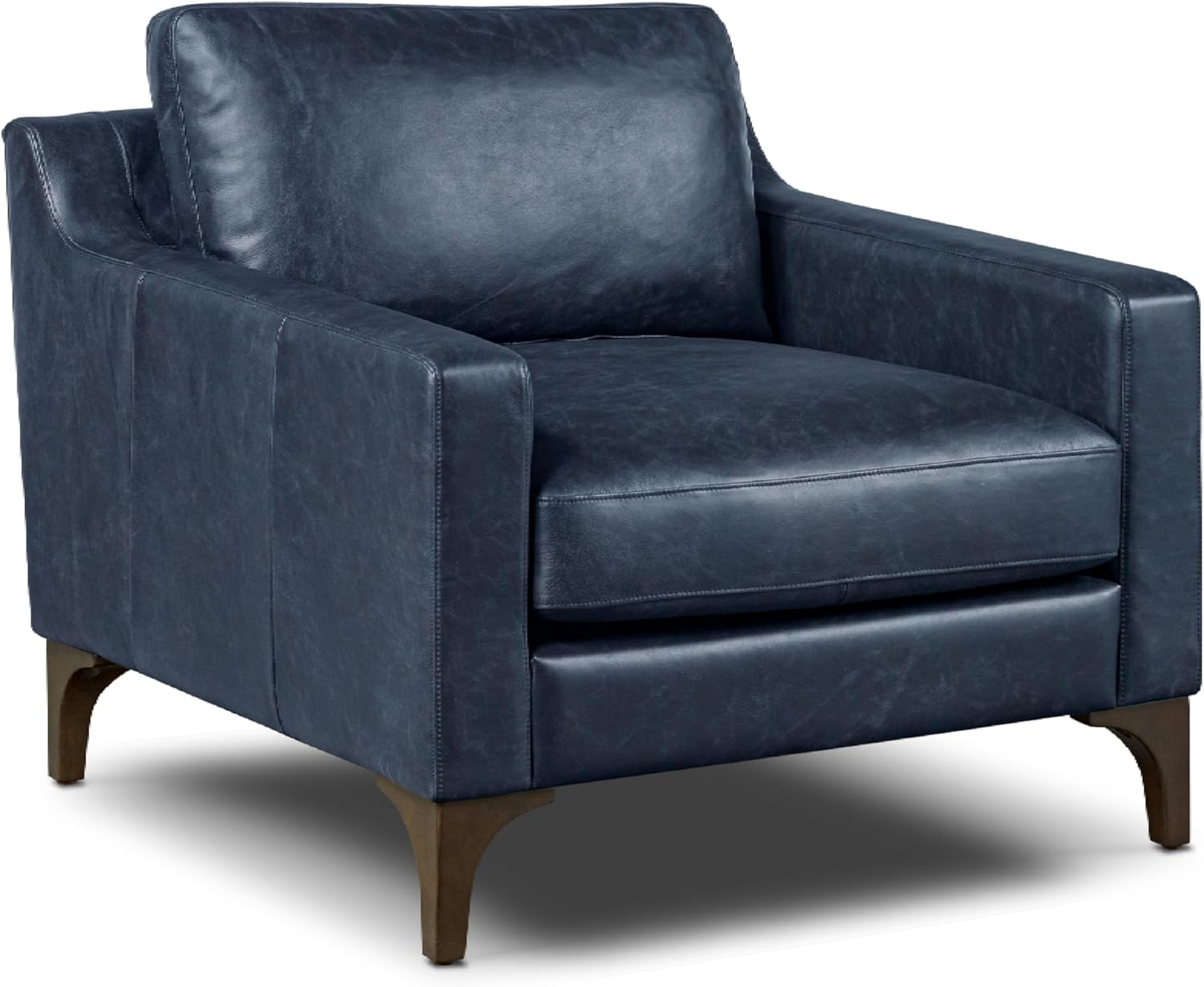 Poly & BARK Sorrento Leather Lounge Chair – Full-Grain Nightfall Blue Leather Upholstery with Feather-Blend Cushions – Modern Upholstered Accent Chair for Bedroom or Living Room – Lounge Seating