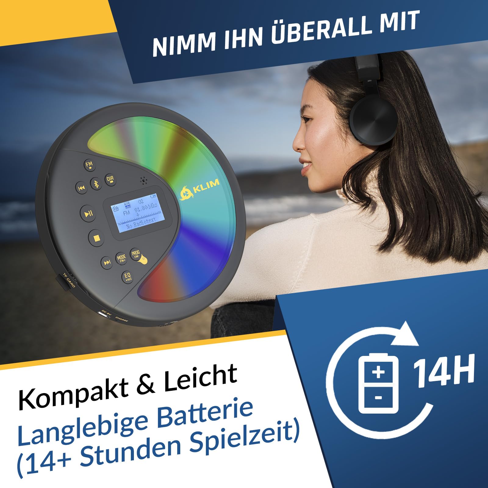 KLIM Discover Mit Kopfhörern - Tragbarer CD-Player mit langlebigem Akku - Kompatibler MP3-CD-Player - SD-Karte, FM-Transmitter, Bluetooth - Ideal für Autos - Portable CD Player - Schwarz/Gold