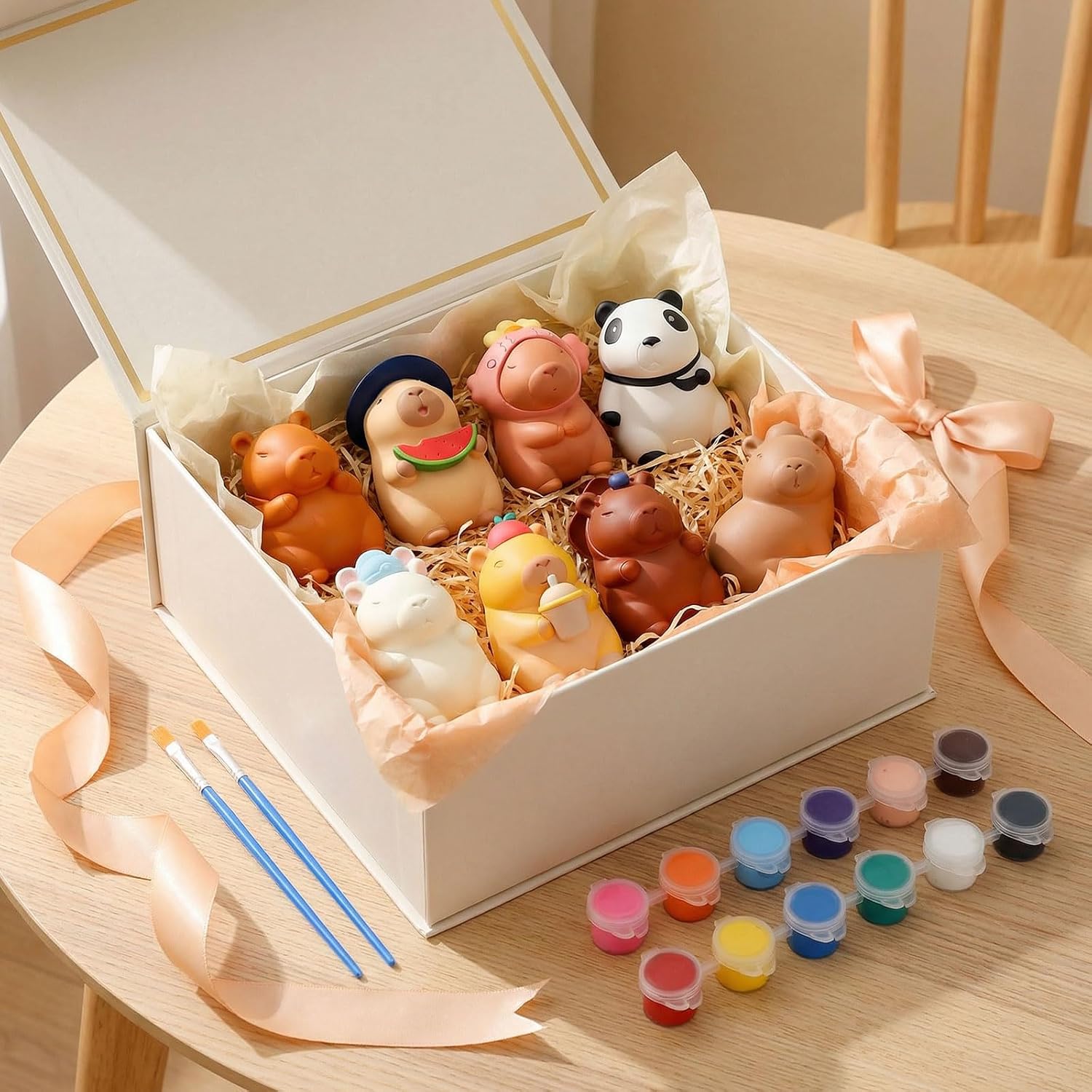 8Pcs Ceramics to Paint Water Pig Paint Your Own Ceramic Christmas Craft Kits, 3.15'' Paintable Ceramics Water Pig Figures with Brushes Paints, DIY Unpainted Animal Plaster Christmas Crafts for Adults