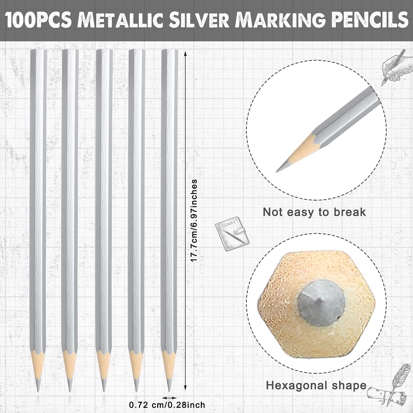 Fuutreo 100 Pieces Silver Welding Marking Pencils Metallic Welders Pencil for Metal Construction Worker Woodworking Welding Marking Tools Supplies for Welders, 7 Inches(Silver) — Amazon image 2