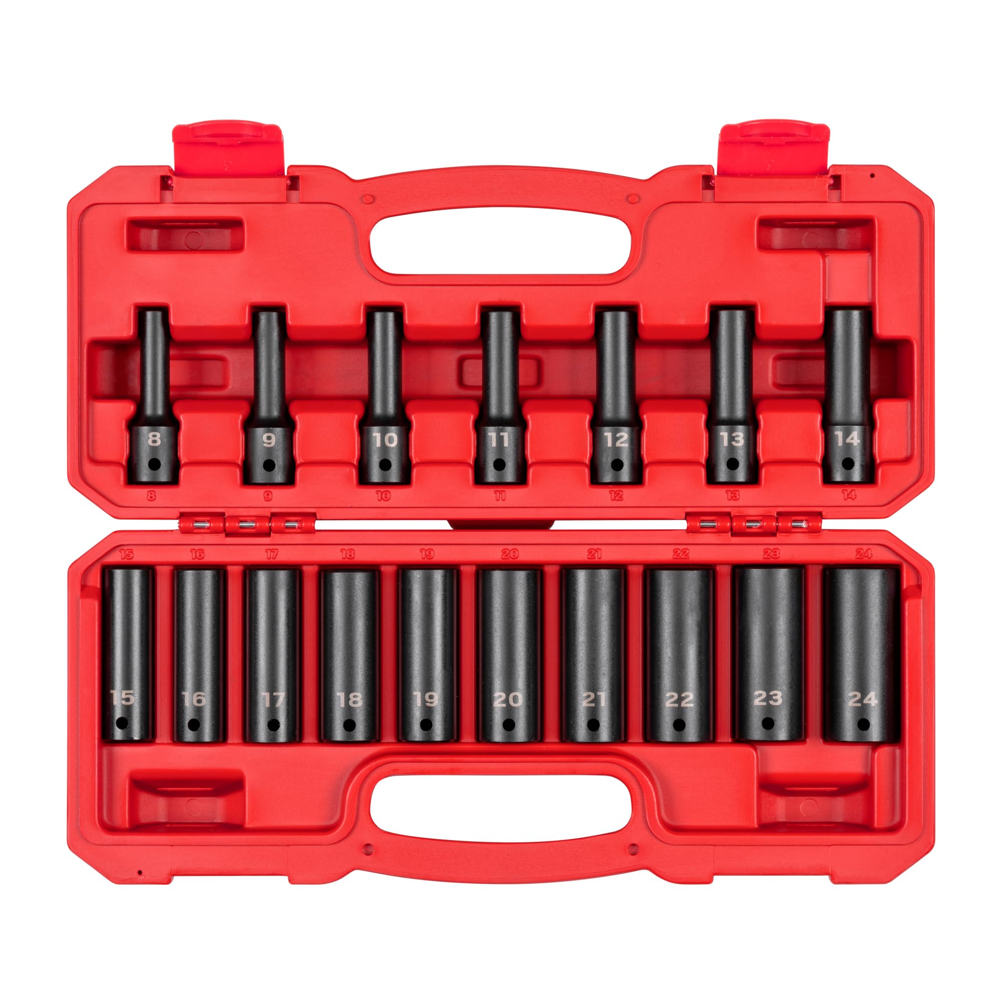 TEKTON 1/2 Inch Drive Deep 12-Point Impact Socket Set with Case, 17-Piece (8-24 mm) | SID92339