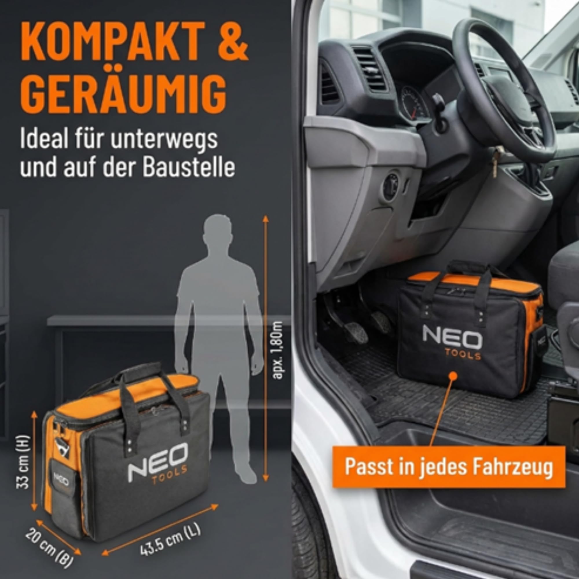 NEO TOOLS Werkzeugtasche Monteurtasche Polyester 600D, 17 Innentaschen, 2 Außentaschen, starre Bauweise, drei Hauptinnenfächer, verstärkte Reißverschlüsse 43.5 x 33 x 20 cm