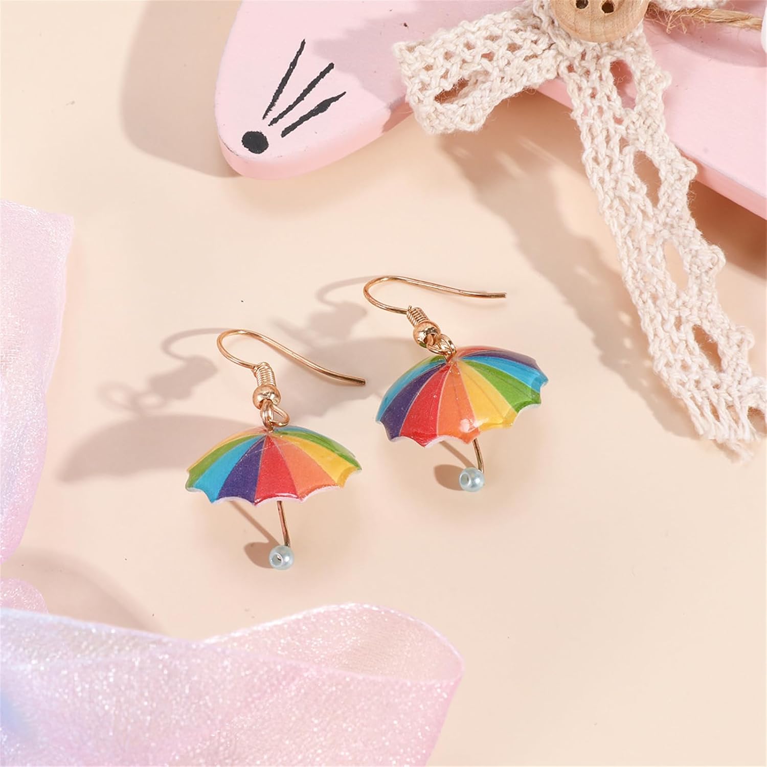 Funny Rainbow Umbrella Acrylic Earrings Gold Plated Creative Elegant 3D Resin Mini Umbrella Weather Lightweight Dangle Drop Earrings for Women LGBT Birthday Holiday Summer Jewelry - Image 2
