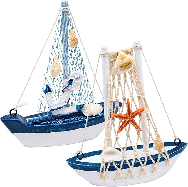 JJQHYC 2 Pieces Sailboat Decor Wooden Boat Maritime Little Boats Ornaments Nautical Sailing Ship Sailing Boat Model for Bathroom Bedroom