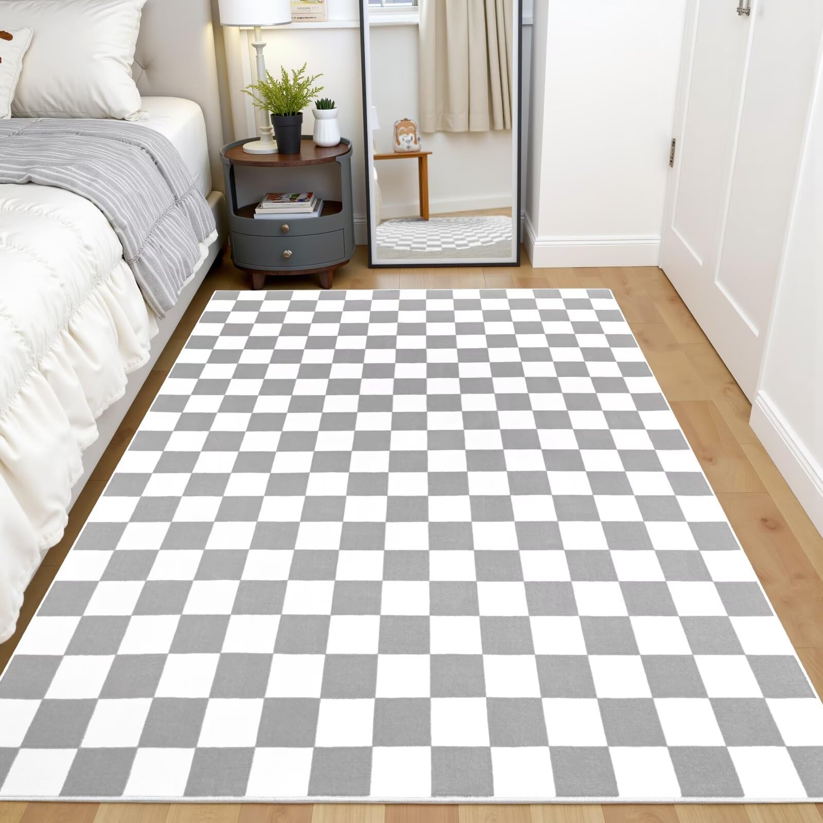 Terrug Alfombra a cuadros gris y blanca para dormitorio, alfombras lavables de 4 x 6 pies