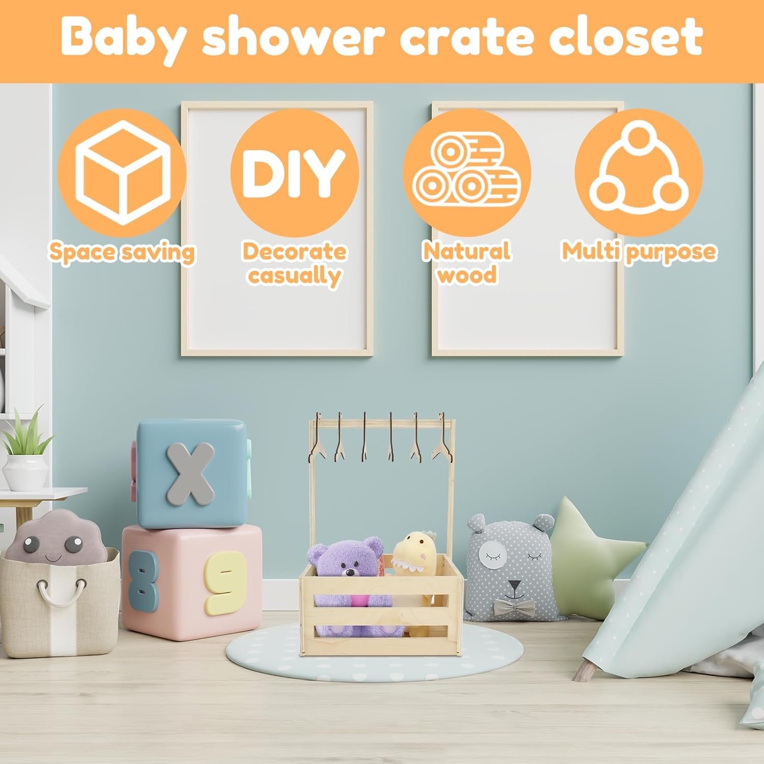 Wooden Baby Shower Crate Closet, Large Capacity Baby Shower Present Basket Decorative Baby Clothes Crate Box for Clothes Shoes Toys