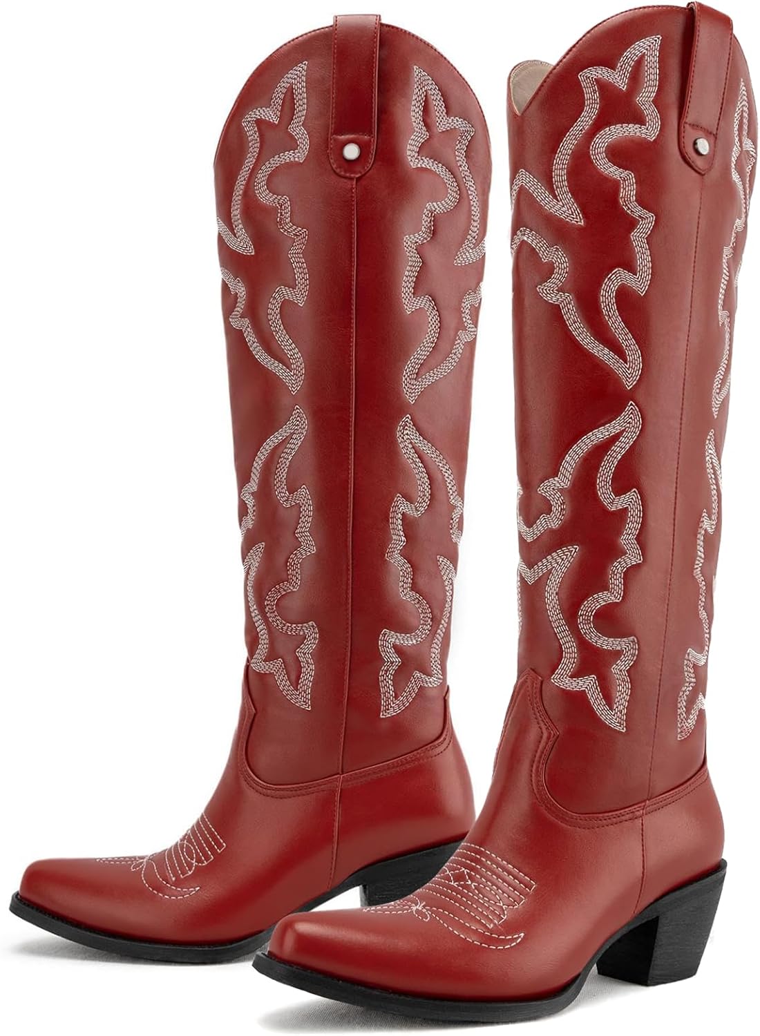 DREAMCIA Womens Red Cowboy Knee High Boots With Pointed Toe Block Heel Faux Leather Shoes for Wedding Concert