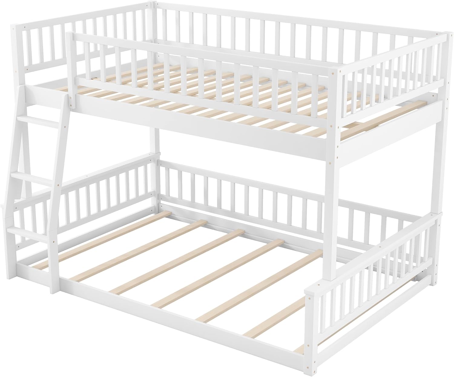 Merax Full XL Over Queen Floor Bunk Bed, Kids Bunk Beds Frame with Ladder & Guardrail, Space-Saving Bedframe Convertible to 2 Separated Frames for Bedroom, Wood Slat Support, Easy Assembly, White