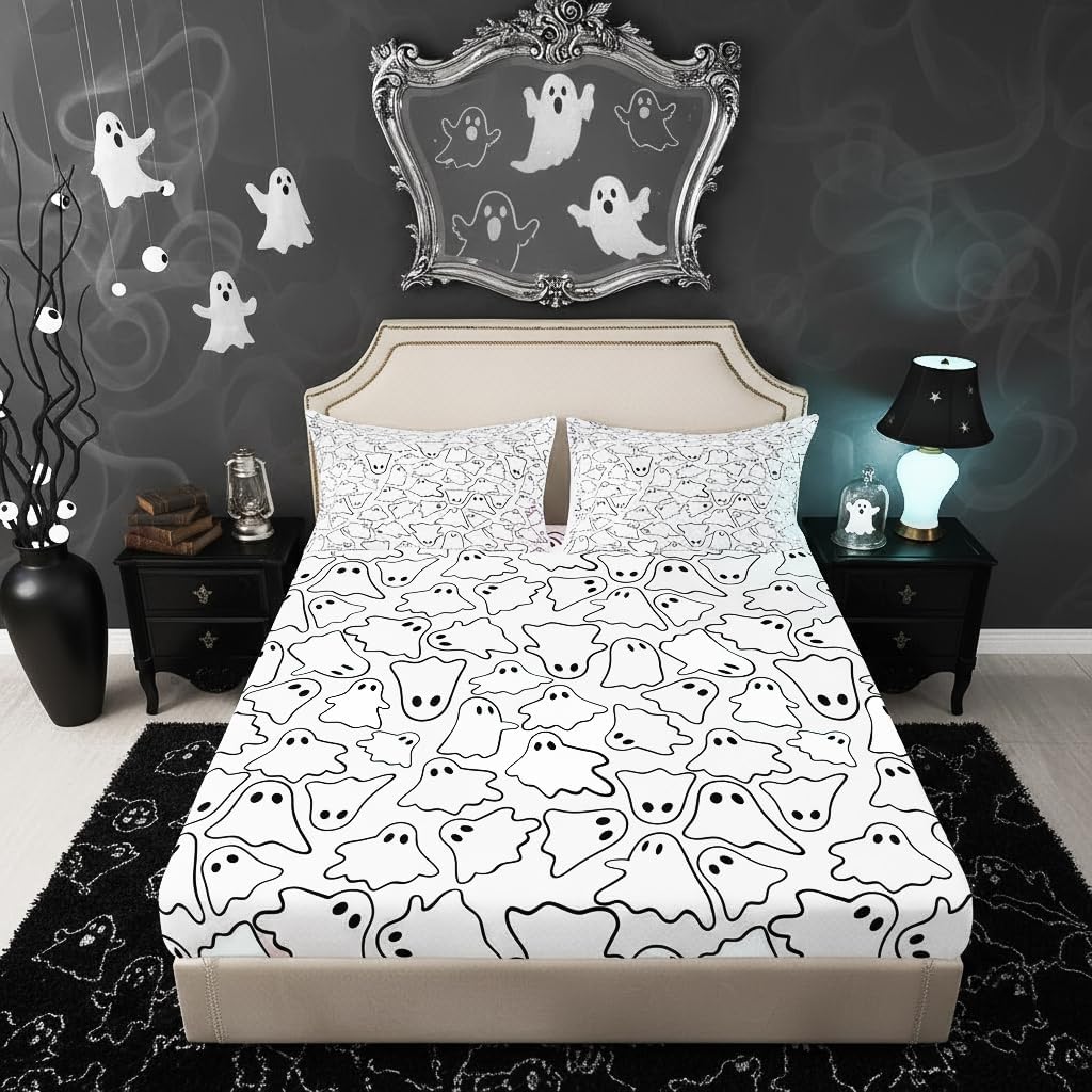 Cute Ghost Kids Bedding Set Queen Size,Cartoon Halloween Fitted Sheet 3Pcs Black White Hand Drawn Ghost Bed Sheet Teens Girls Boys Bedroom Decor,Western Festival Deep Pocket Sheet,2 Pillowcases image 2