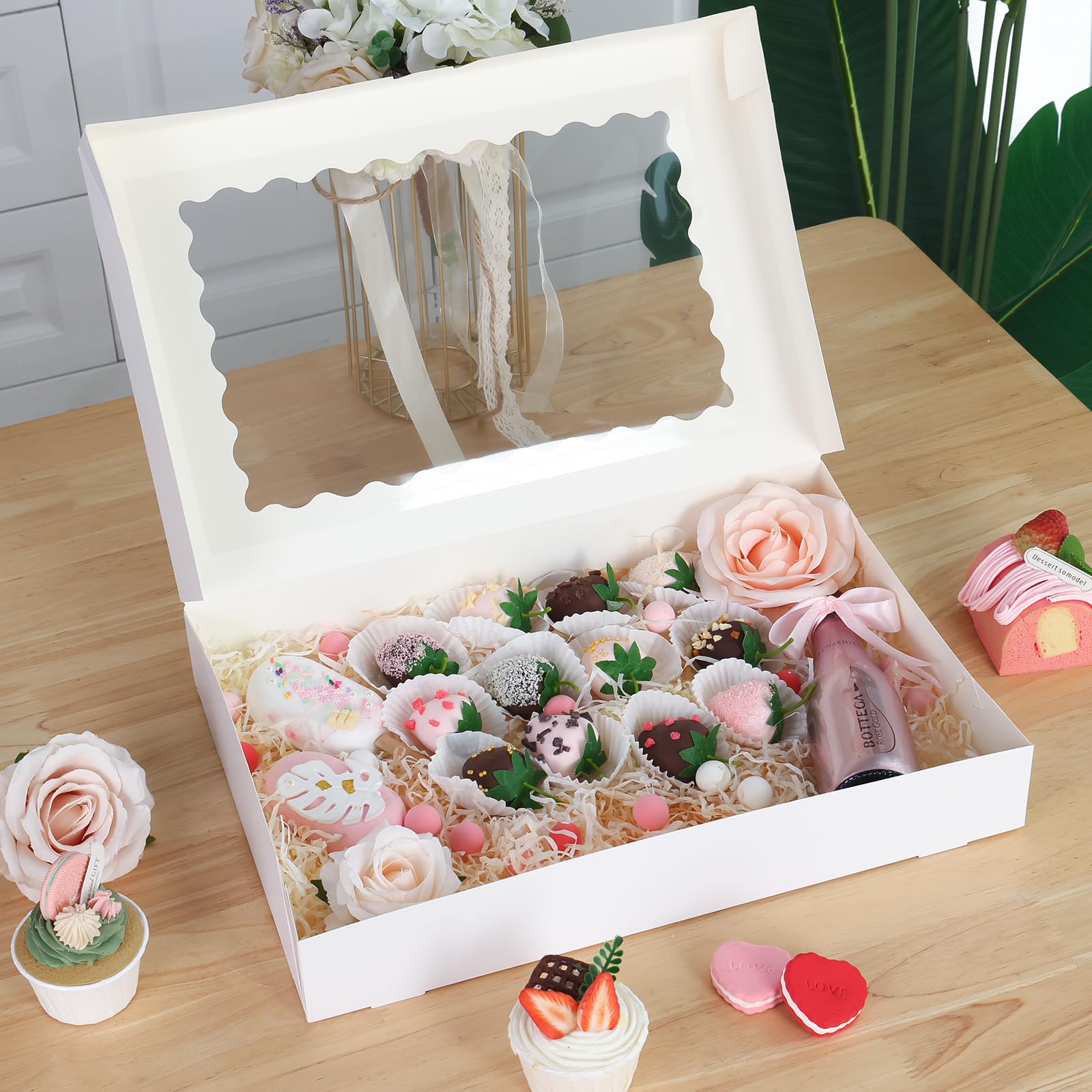 Tomnk 25 cajas de panadería grandes de 40,6 x 28,3 x 6,3 cm, cajas de galletas blancas con ventana, para 12 donas de postre para pasteles, chocolate, fresas, magdalenas, donas y recuerdos de fiesta