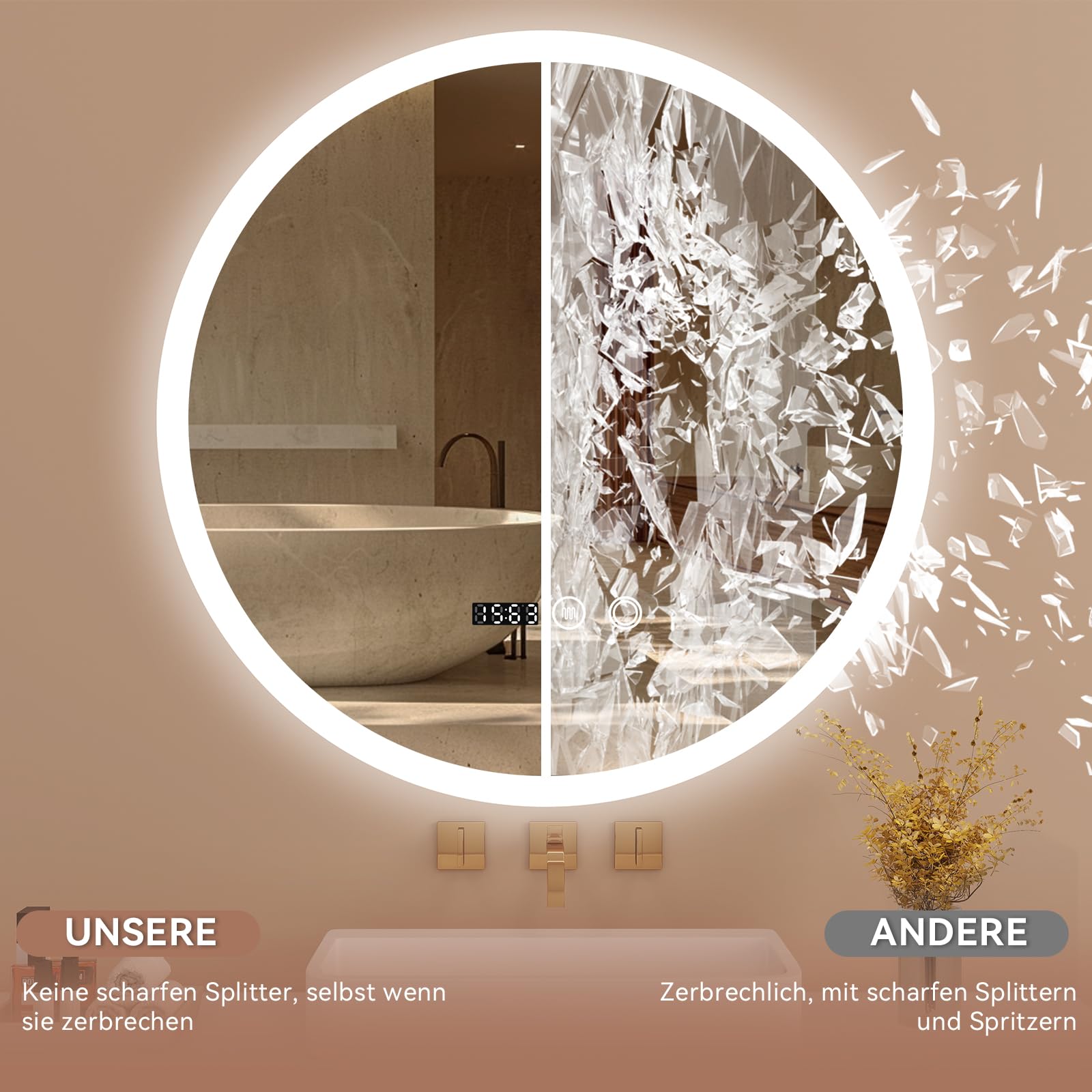 YU YUSING Badspiegel LED Rund Badezimmerspiegel mit Beleuchtung 50x50cm | 3 Lichtfarbe Einstellbare, Wandspiegel mit Touch-Schalter Spiegel Badezimmer Anti-Beschlag Timer-funcktion IP44
