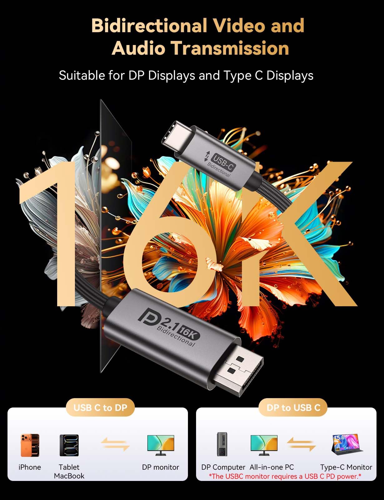 Câble bidirectionnel USB C DisplayPort 2.1 16 K @ 30 Hz 8 K @ 120 Hz 4 K @ 240 Hz, 80 Gbps, UHBR20, câble DisplayPort vers USB C amélioré compatible avec MacBook, iPhone 17/16/15 Pro Max, iPad Pro, HP