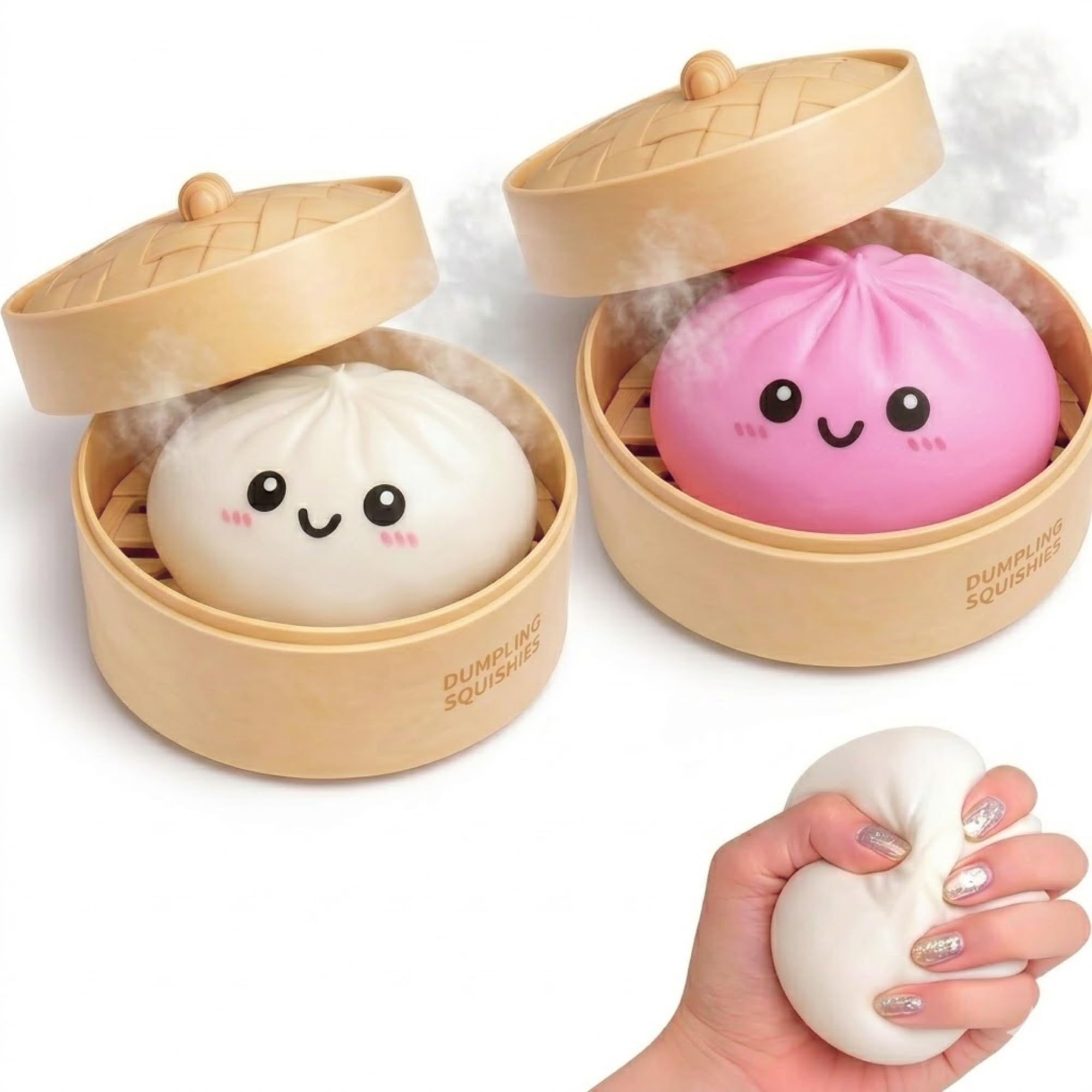 Photo 1 of *** only 1 ** *** used *** Partymelon Dumpling Squishy Mystery Box 2 Pcs - 2026 Upgraded Dumplings Squishes for Adults Teens Squeeze Easter Basket Stuffers & Stocking Stuff Smiling Pink and White