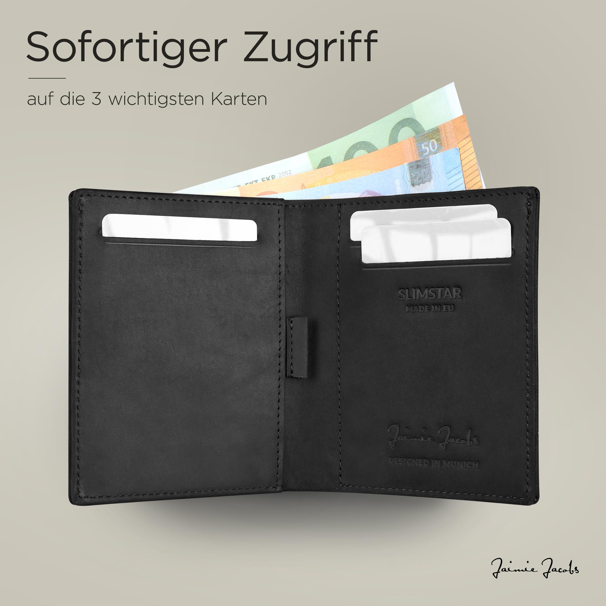 Jaimie Jacobs Slimstar Slim Wallet RFID & Münztasche (Büffelleder Schwarz) | Dünner Geldbeutel, hochformat, bis 11 Karten, 3 Schnellzugriff-Fächer, Geldscheine, kleine Münztasche, TÜV-RFID-Schutz