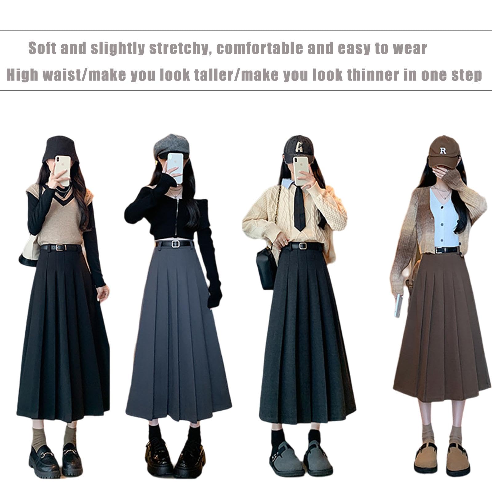Generisch Faltenrock Damen High Waist Maxirock Wollrock Langer A-Linie Rock Elegant Herbst Winterrock Warm Röcke Midi Trachtenrock