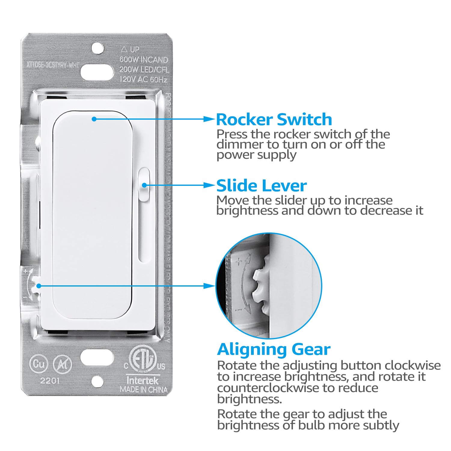 TORCHSTAR Dimmer Switch for Dimmable LED, Halogen and Incandescent Bulbs, 200W/Single-Pole or 3-Way, 120V Slide Dimmer Switch, ETL-Listed, Pack of 4