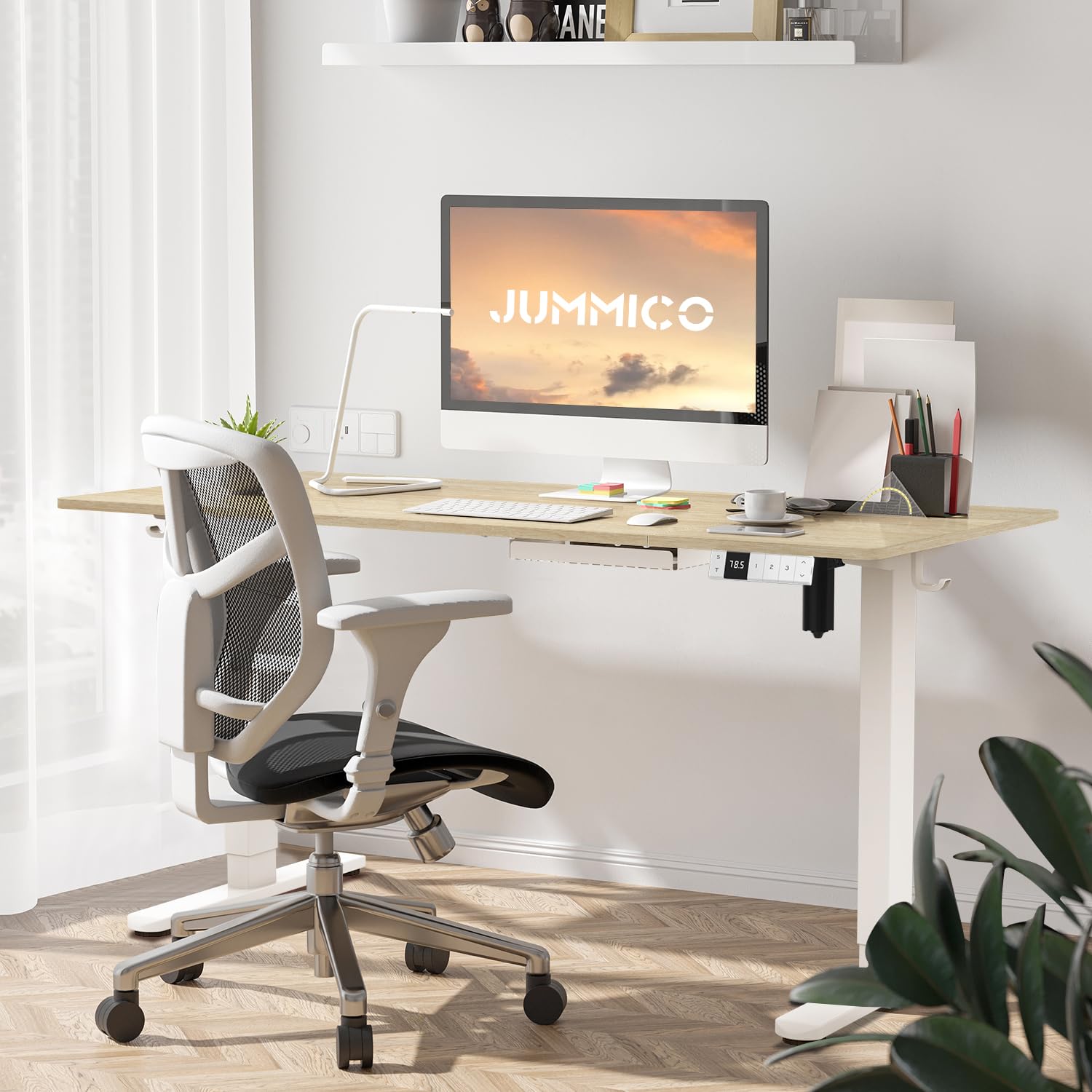 JUMMICO Elektrisch Höhenverstellbarer Schreibtisch 140x80 cm mit Ladestation, Höhenverstellbarer Computertisch mit Kabelmanagement, Ergonomischer Sitz-Steh-Schreibtisch Höhenverstellbarer Tisch, Beige