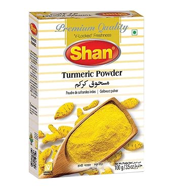 Shan Turmeric Powder 3.52 oz 100g - No Preservative and Artificial Food Colour - Authentic and Pure Spices - Halal and Suitable for Vegetarians - Airtight Aluminum Pouch